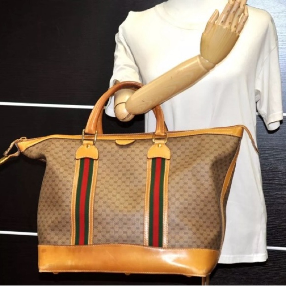 GUCCI Vintage Web Sherry Line Micro GG PVC Leather Boston Bag Tote Weekender EVC